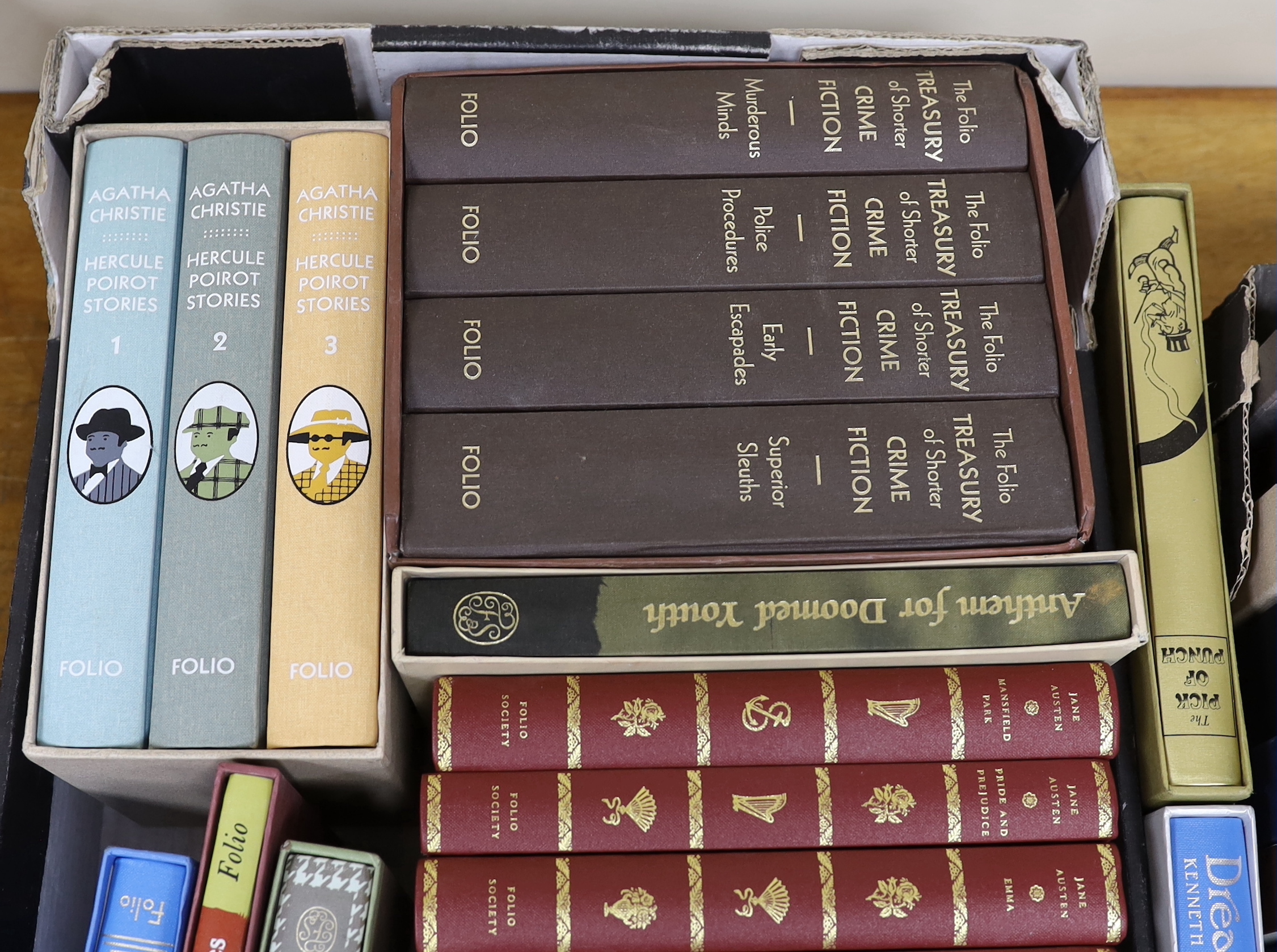 Folio Society - Literary Selection; mostly boxed or slipcased including Hercule Poirot by Agatha Christie in three volumes, six works by Jane Austen and selected poems by Dylan Thomas (27)